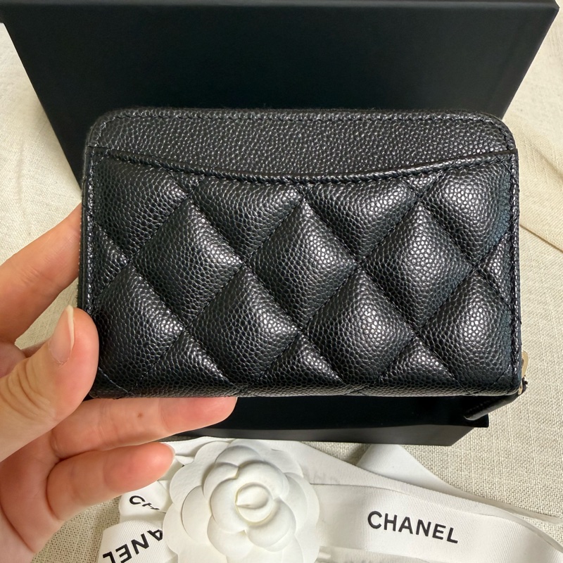 Chanel 加大拉鍊 零錢包 卡包 黑金荔枝牛皮-2