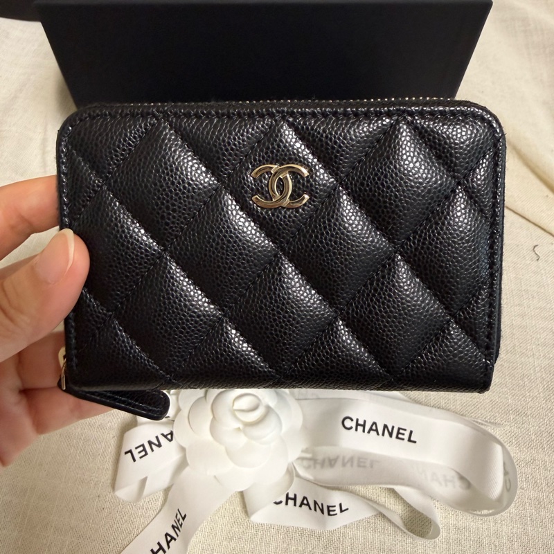 Chanel 加大拉鍊 零錢包 卡包 黑金荔枝牛皮-5