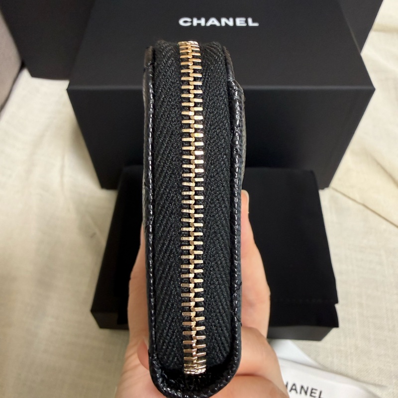 Chanel 加大拉鍊 零錢包 卡包 黑金荔枝牛皮-8