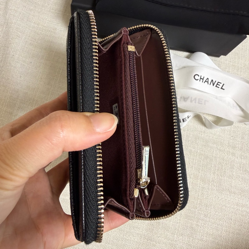Chanel 加大拉鍊 零錢包 卡包 黑金荔枝牛皮-10