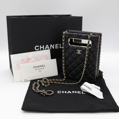 Chanel 香奈兒 黑色 菱格紋 荔枝牛皮 Evening Box 鍊帶 肩背包 淡金釦