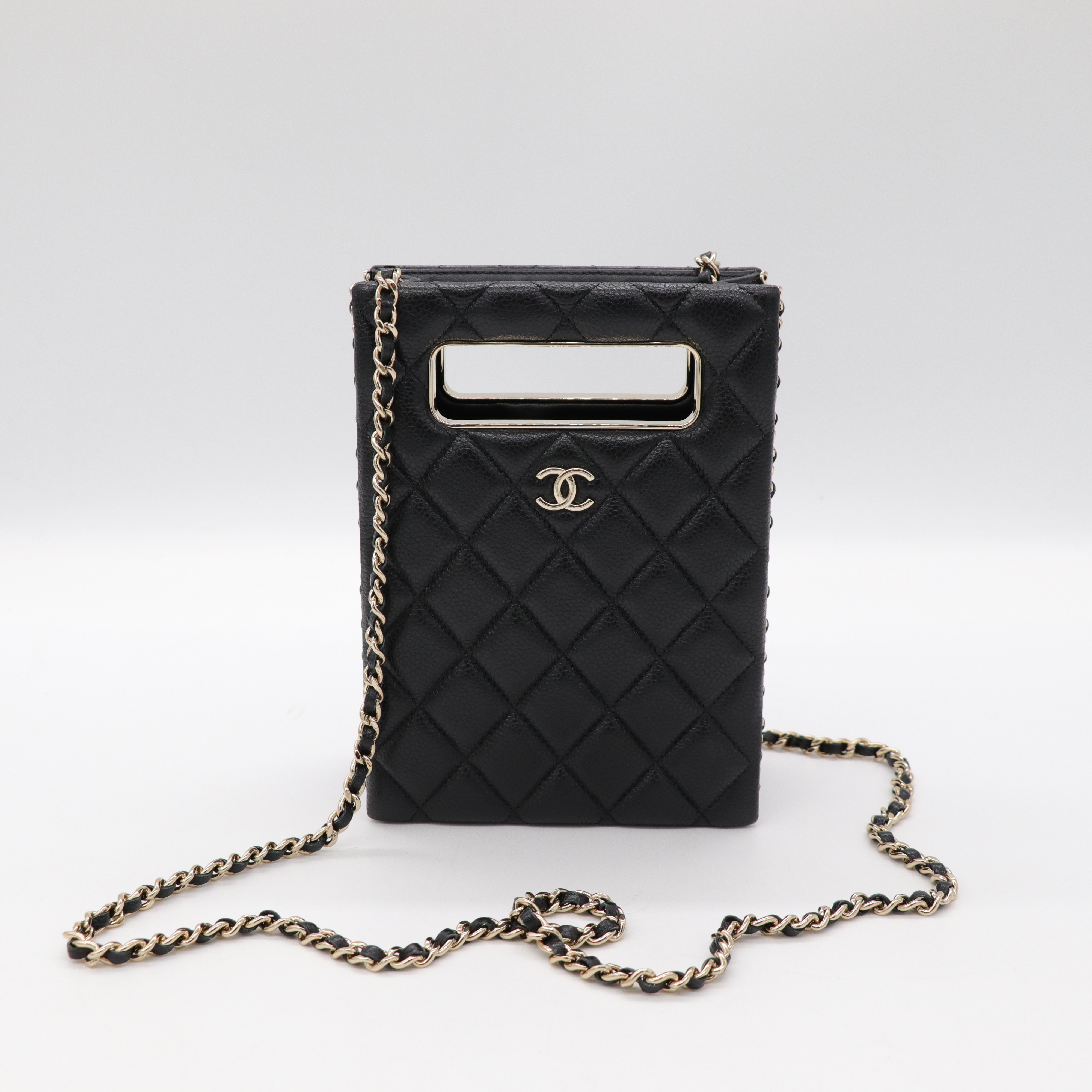 Chanel 香奈兒 黑色 菱格紋 荔枝牛皮 Evening Box 鍊帶 肩背包 淡金釦-1