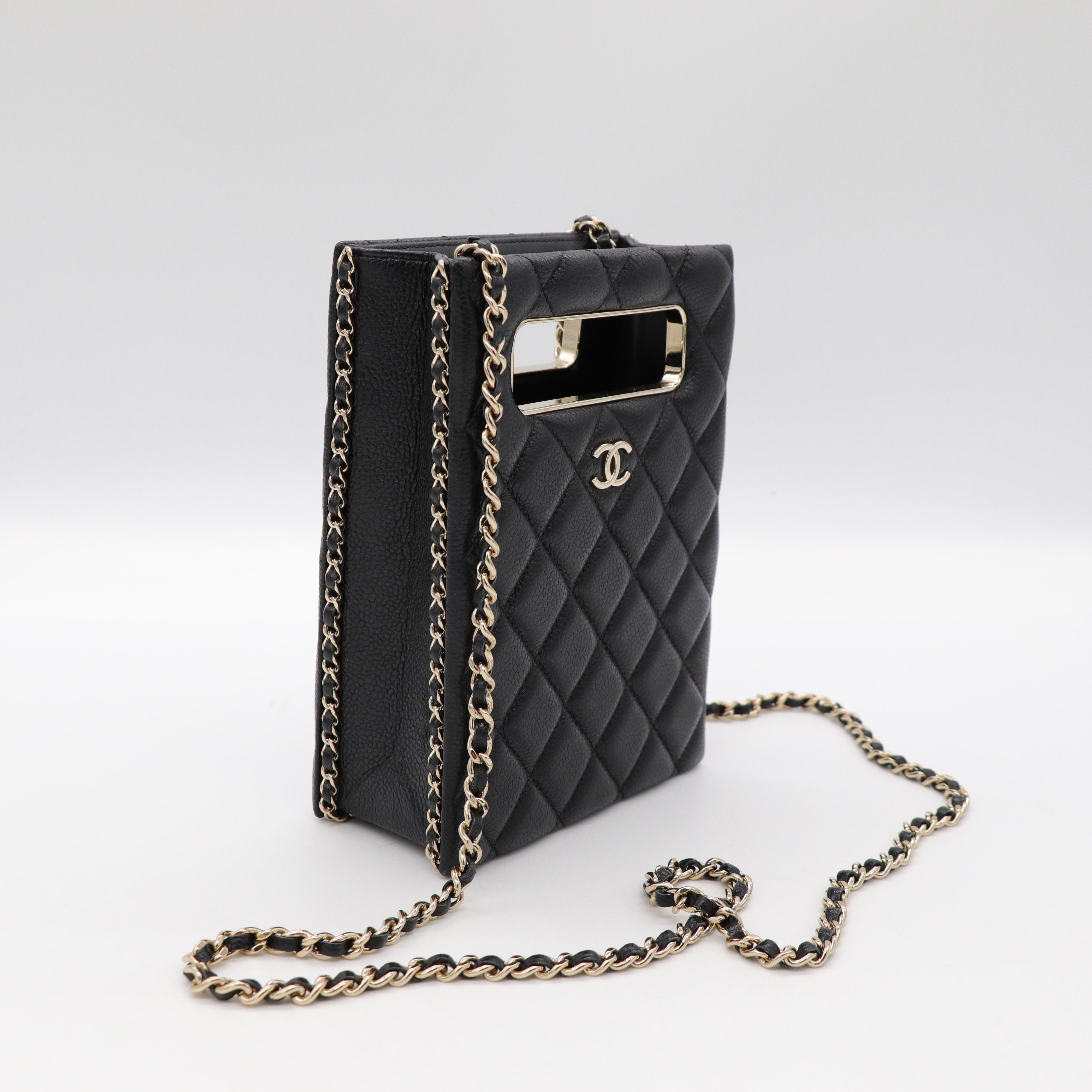 Chanel 香奈兒 黑色 菱格紋 荔枝牛皮 Evening Box 鍊帶 肩背包 淡金釦-2