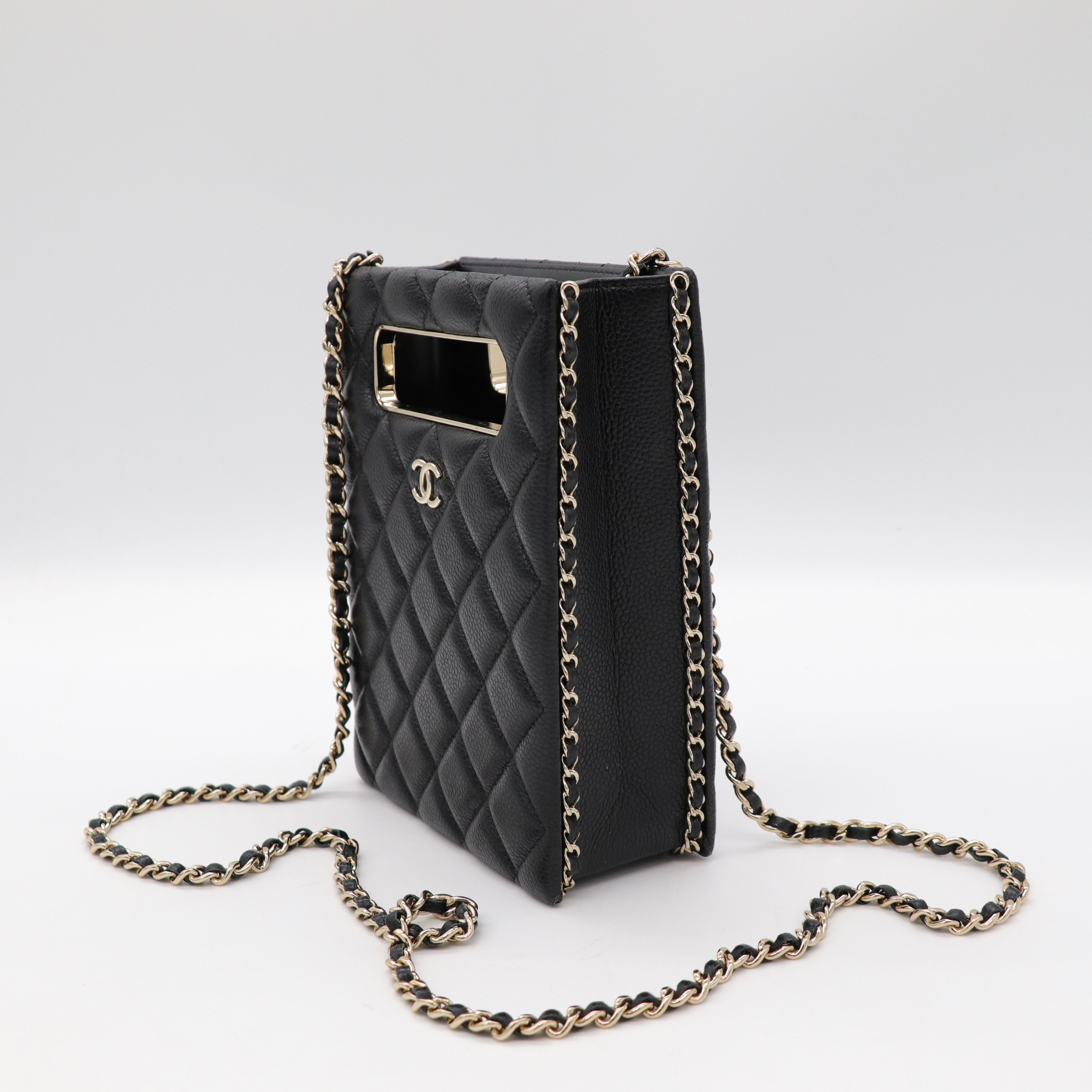 Chanel 香奈兒 黑色 菱格紋 荔枝牛皮 Evening Box 鍊帶 肩背包 淡金釦-3