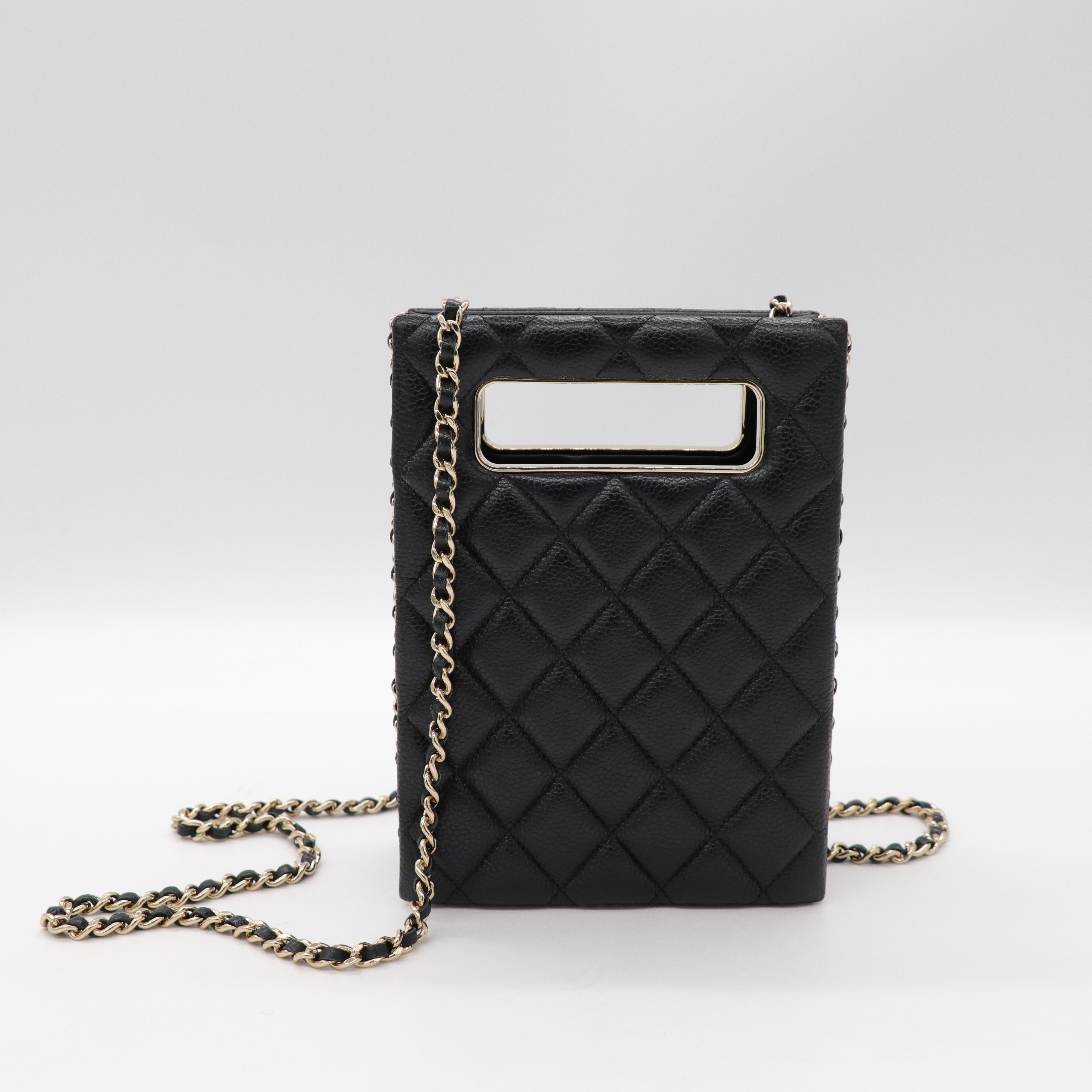Chanel 香奈兒 黑色 菱格紋 荔枝牛皮 Evening Box 鍊帶 肩背包 淡金釦-4