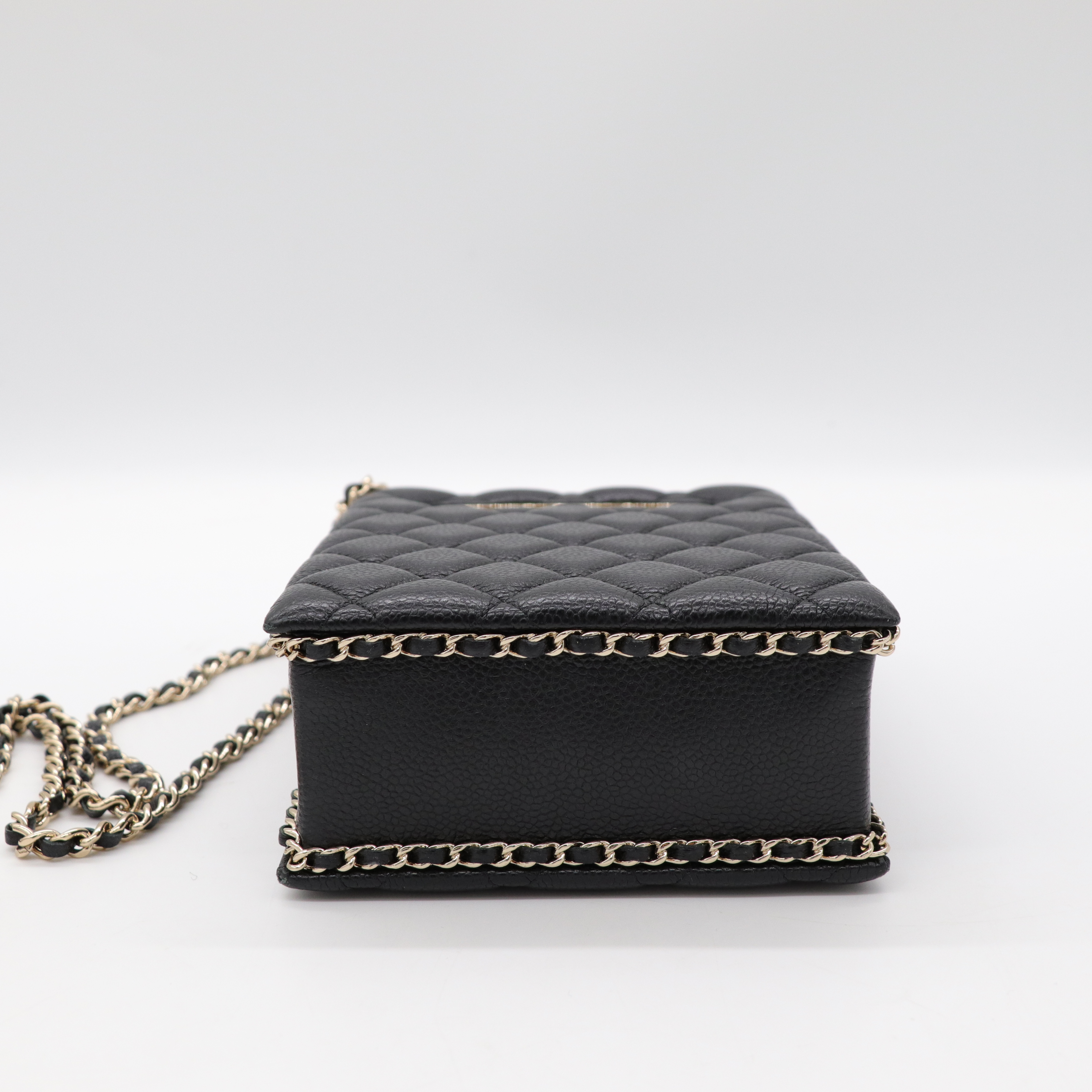 Chanel 香奈兒 黑色 菱格紋 荔枝牛皮 Evening Box 鍊帶 肩背包 淡金釦-5