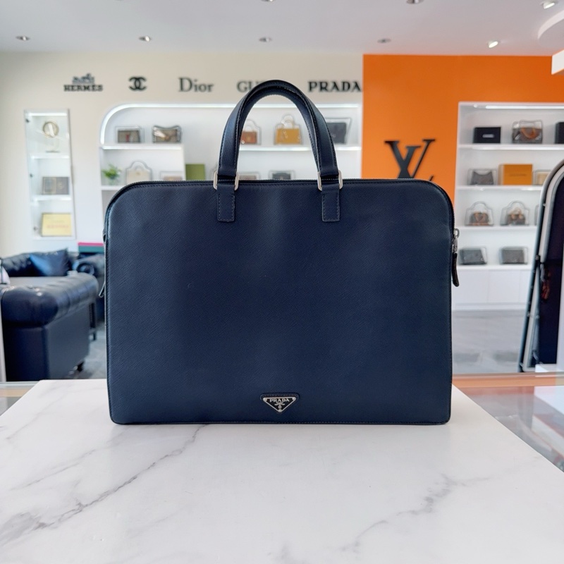 Prada/普拉達 藍色十字紋牛皮 三角徽標 公文包手提包 低調大氣-0