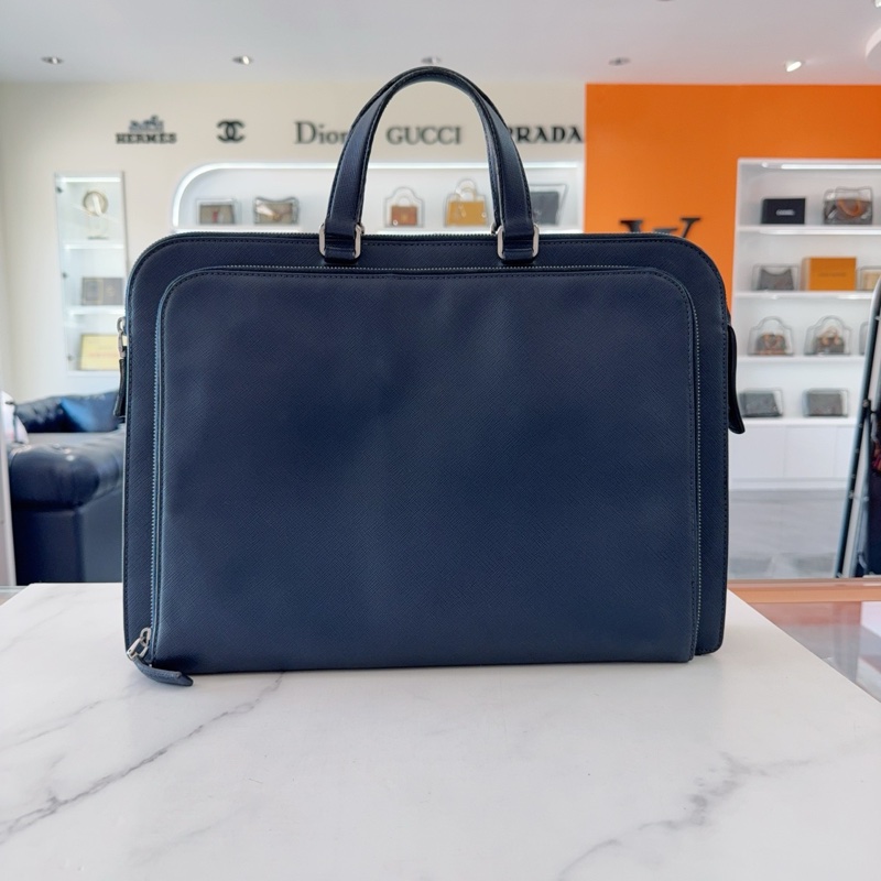 Prada/普拉達 藍色十字紋牛皮 三角徽標 公文包手提包 低調大氣-1
