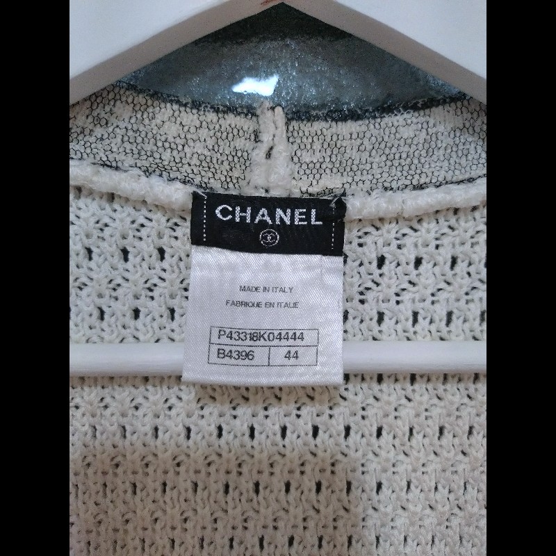 Chanel 灰網邊白色針織四口袋長版背心-20