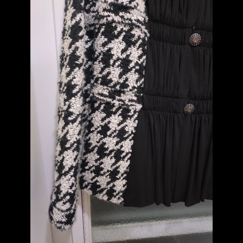 Chanel 黑紗拼黑白千鳥格毛呢外套-1