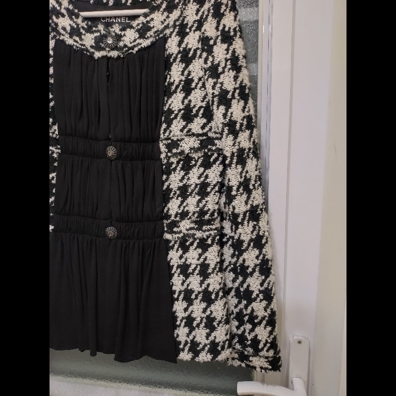 Chanel 黑紗拼黑白千鳥格毛呢外套-4