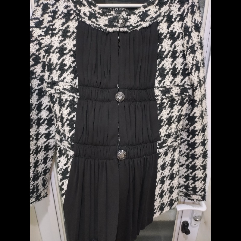 Chanel 黑紗拼黑白千鳥格毛呢外套-6