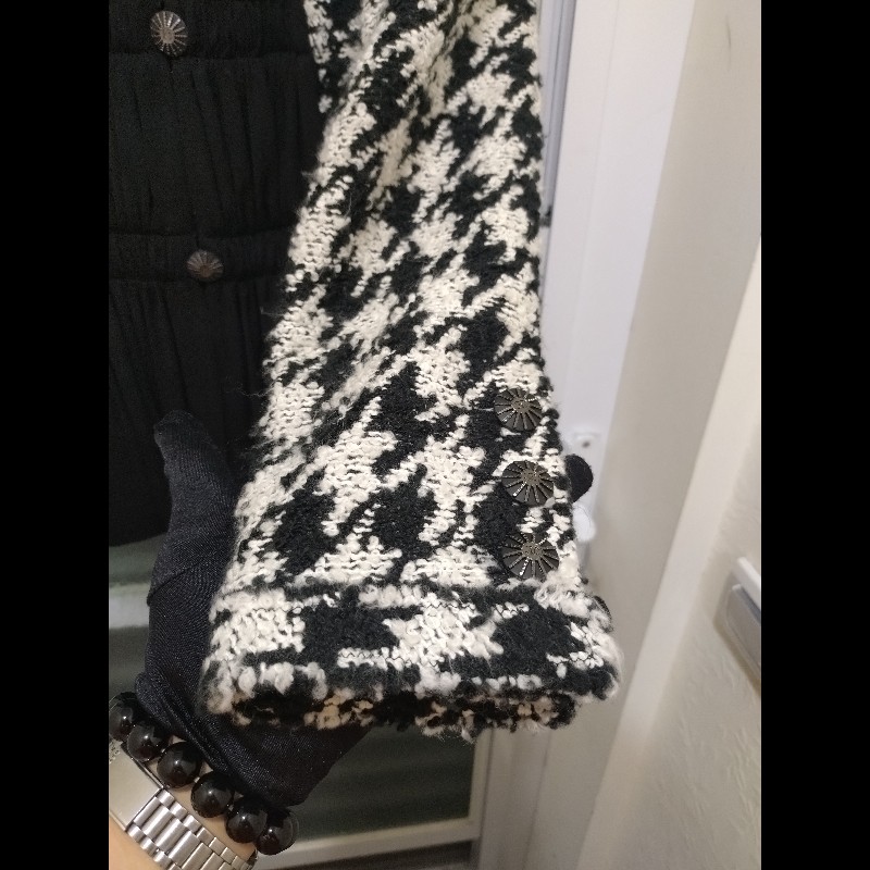 Chanel 黑紗拼黑白千鳥格毛呢外套-14