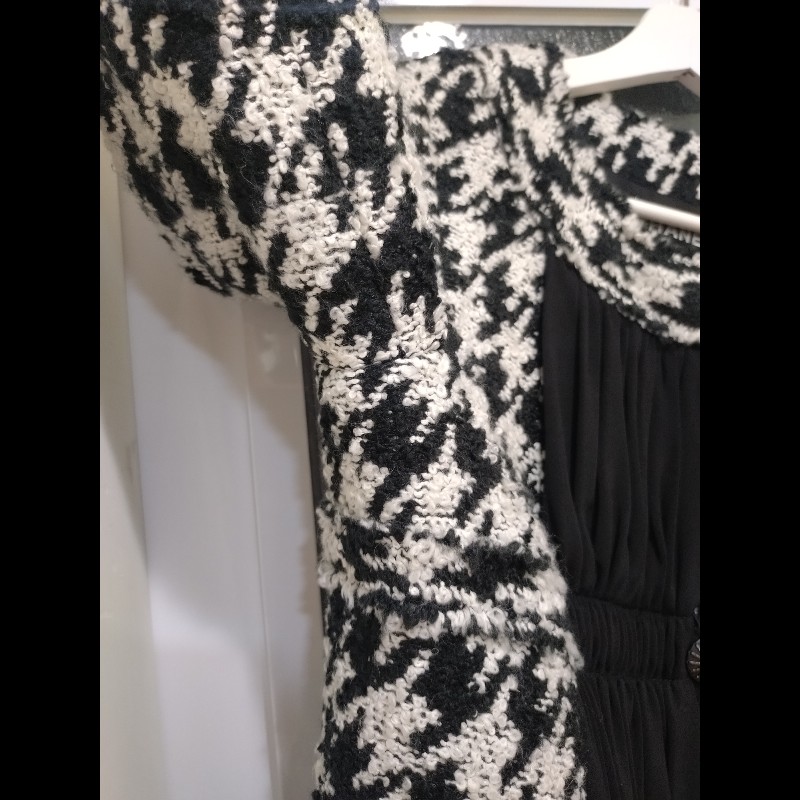 Chanel 黑紗拼黑白千鳥格毛呢外套-16
