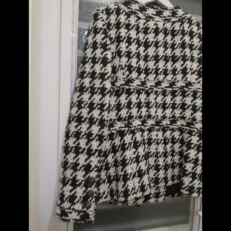 Chanel 黑紗拼黑白千鳥格毛呢外套-18