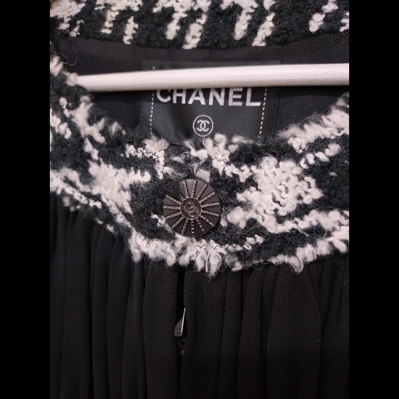 Chanel 黑紗拼黑白千鳥格毛呢外套-21