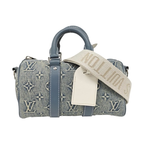 ✨99新 LOUIS VUITTON KEEPALL 25 藍色織物老花單肩包斜挎包手提包 銀色五金 可拆卸肩帶 正品❤️