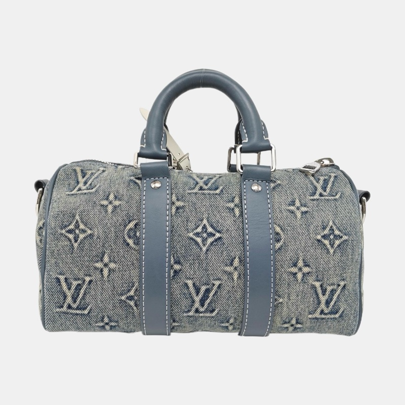 ✨99新 LOUIS VUITTON KEEPALL 25 藍色織物老花單肩包斜挎包手提包 銀色五金 可拆卸肩帶 正品❤️-3