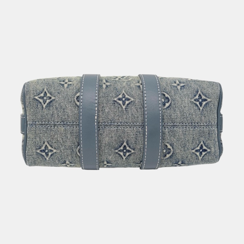 ✨99新 LOUIS VUITTON KEEPALL 25 藍色織物老花單肩包斜挎包手提包 銀色五金 可拆卸肩帶 正品❤️-4