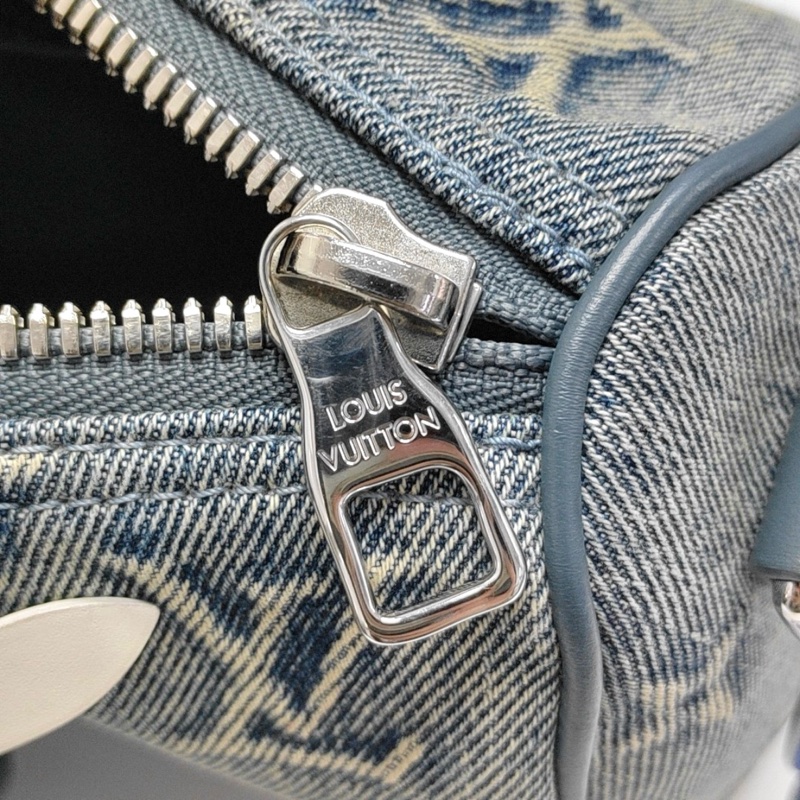 ✨99新 LOUIS VUITTON KEEPALL 25 藍色織物老花單肩包斜挎包手提包 銀色五金 可拆卸肩帶 正品❤️-6