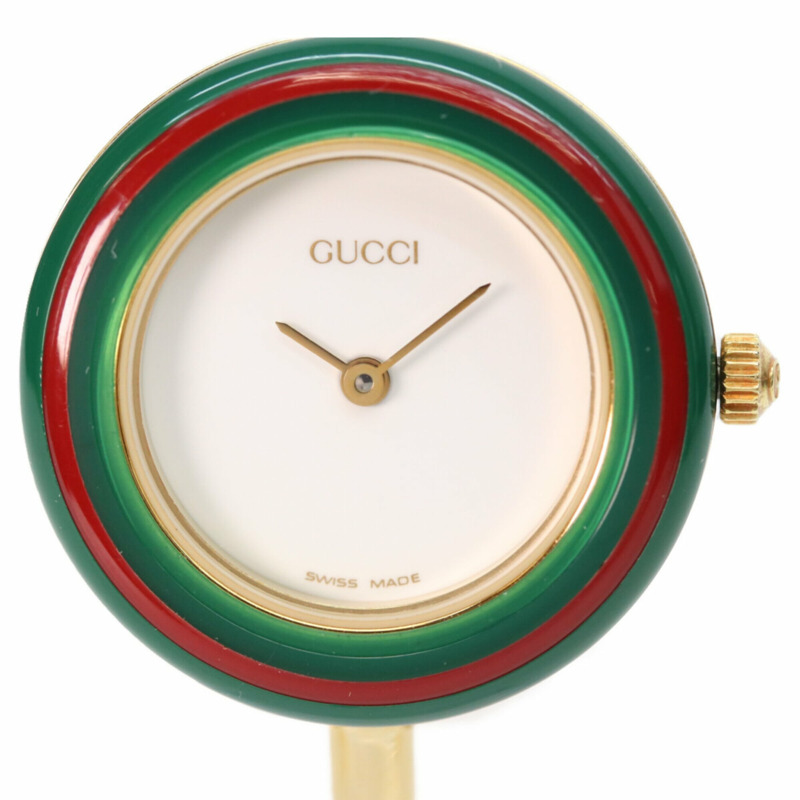 GUCCI 1100L 11/12.2 可更換錶圈手環式腕錶，中型，石英機芯，金色錶殼，白色錶盤，女錶-2