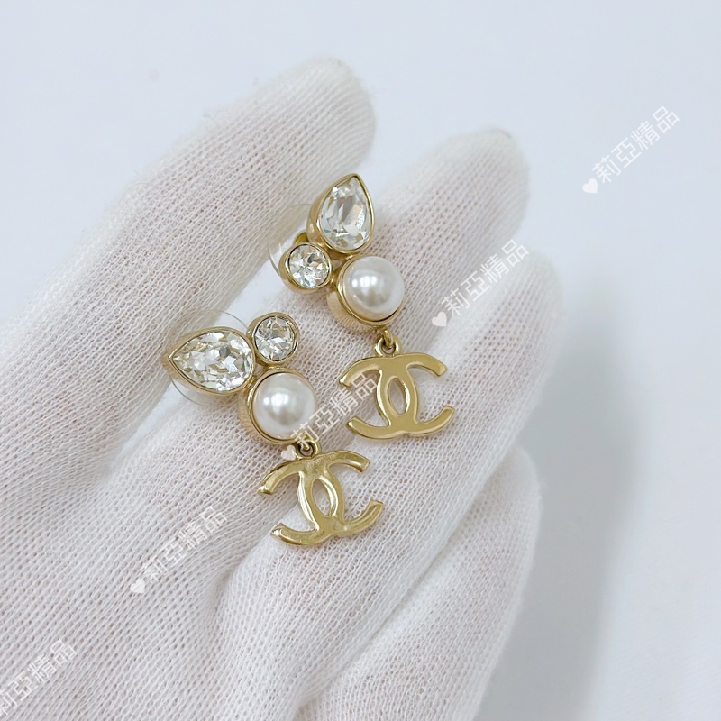 莉亞精品♡ Chanel 珍珠水鑽耳環 二手美品-2
