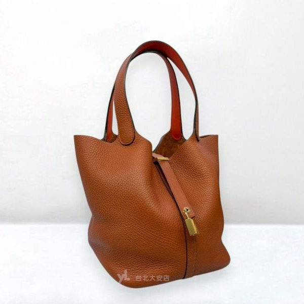 A13201-HERMES Picotin Lock 22磚紅拚橘金釦菜籃子-1