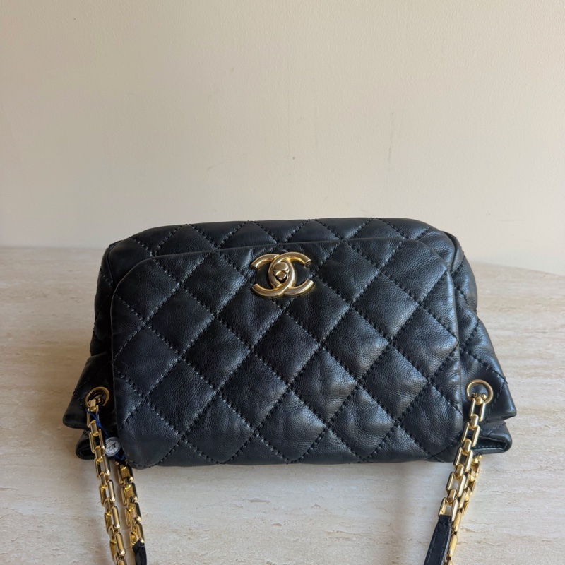 Chanel香奈兒黑金牛皮菱格鏈條單肩包+14開 底長29cm-4