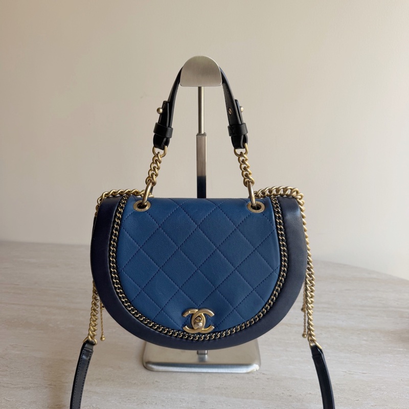 Chanel香奈兒黑金拼色馬鞍包+25開 底長22cm-0
