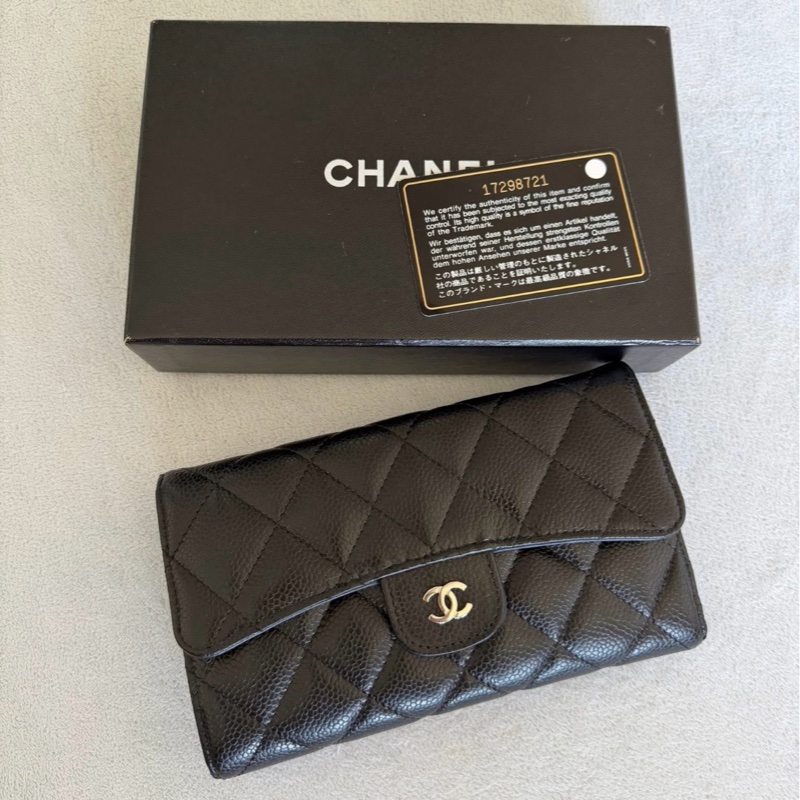 CHANEL 黑銀荔枝牛皮長夾-7