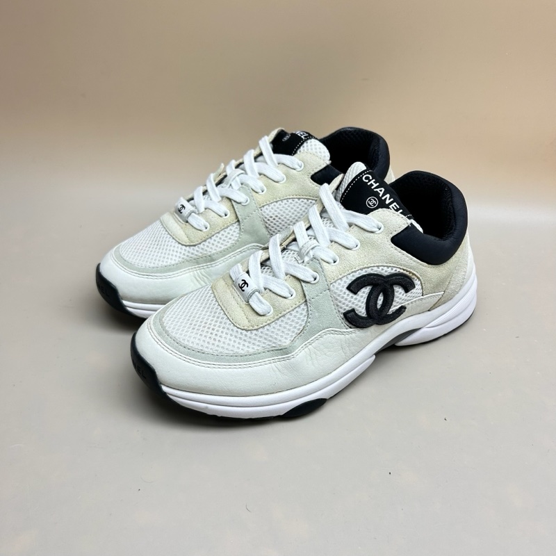 9.5新 CHANEL/香奈兒 黑白熊貓雙C系帶休閒鞋 38.5碼-0