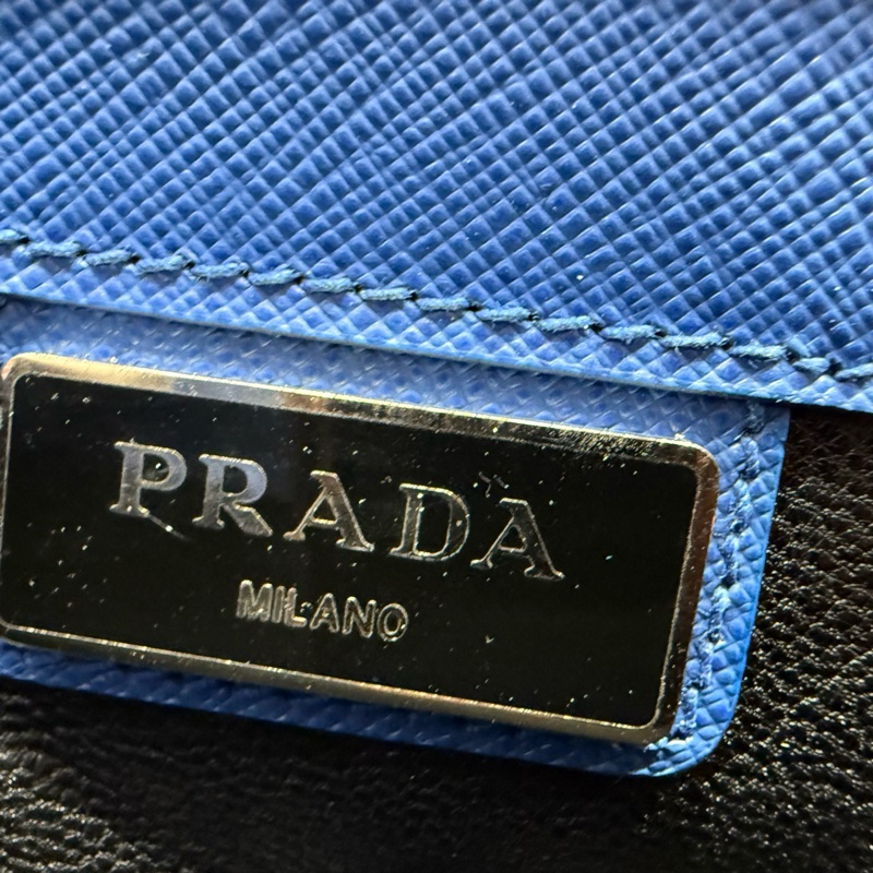 普拉達/Prada 經典三角銀標 十字紋 藍色手提雙層公文包-8