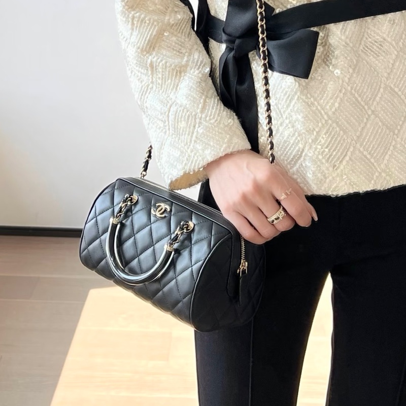 精緻小巧百搭✨99新🆕Chanel香奈兒黑金25c手柄波士頓保齡球包手提單肩斜挎包-5
