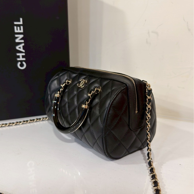 精緻小巧百搭✨99新🆕Chanel香奈兒黑金25c手柄波士頓保齡球包手提單肩斜挎包-11