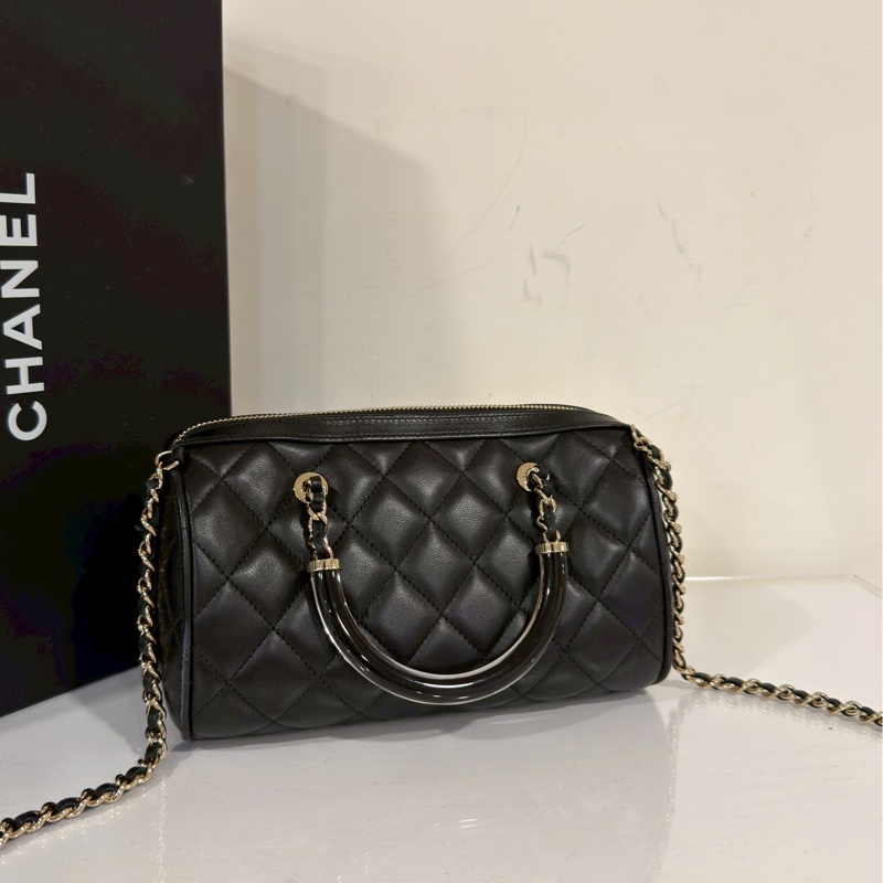 精緻小巧百搭✨99新🆕Chanel香奈兒黑金25c手柄波士頓保齡球包手提單肩斜挎包-13