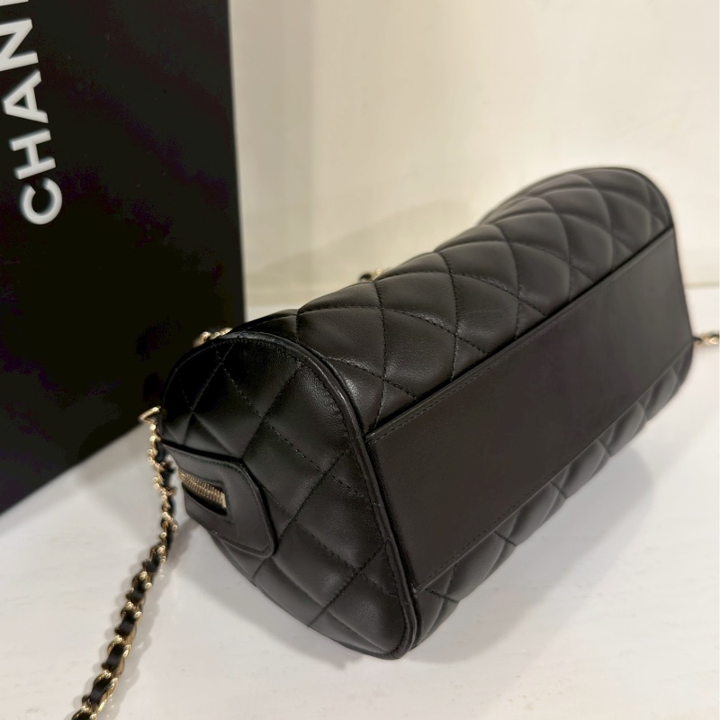 精緻小巧百搭✨99新🆕Chanel香奈兒黑金25c手柄波士頓保齡球包手提單肩斜挎包-17