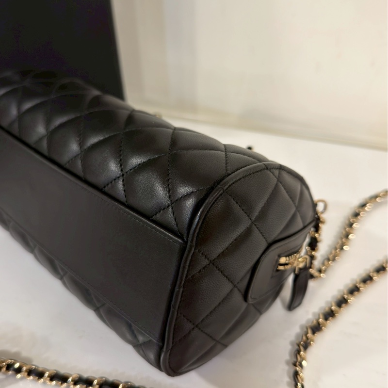 精緻小巧百搭✨99新🆕Chanel香奈兒黑金25c手柄波士頓保齡球包手提單肩斜挎包-18