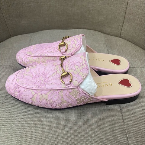 未使用Gucci古馳粉色蕾絲穆勒拖鞋 35碼 無配件：單品