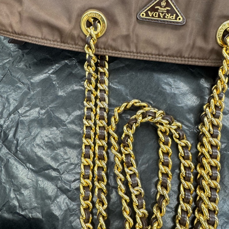 Prada • 經典巧克力色金釦尼龍托特包-9