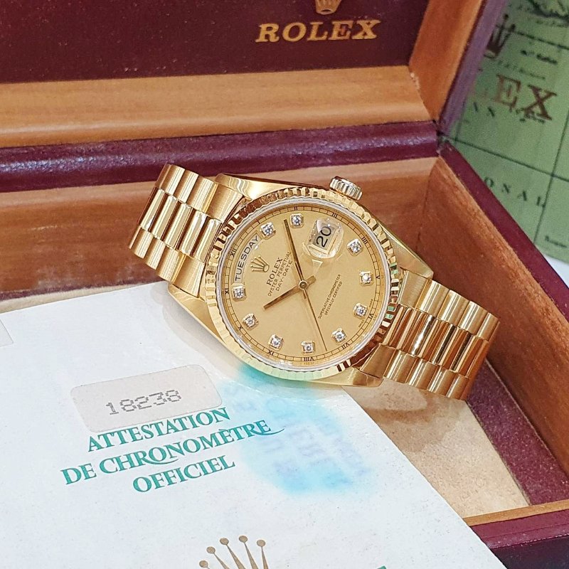 【大眾名錶】 Rolex 勞力士18238 Day-Date 蠔式18K 新包台 金色十鑽面盤 大眾名錶B1312-2