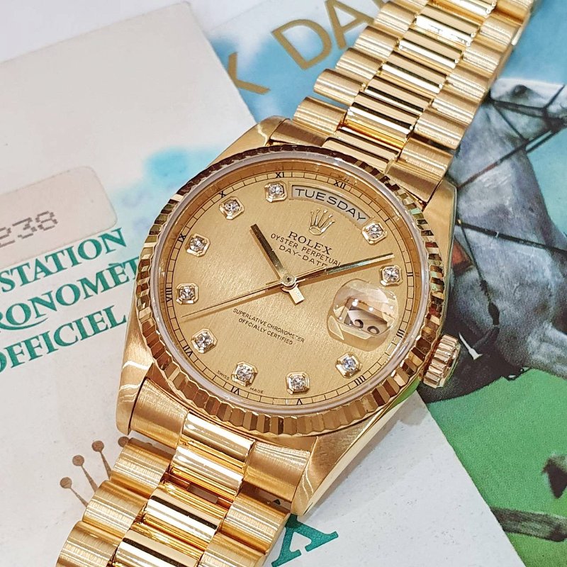 【大眾名錶】 Rolex 勞力士18238 Day-Date 蠔式18K 新包台 金色十鑽面盤 大眾名錶B1312-5