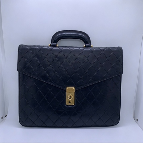 Chanel香奈兒 牛皮菱格公文包中古款 黃銅鎖扣帶CHANEL刻字