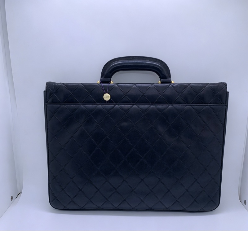 Chanel香奈兒 牛皮菱格公文包中古款 黃銅鎖扣帶CHANEL刻字-1