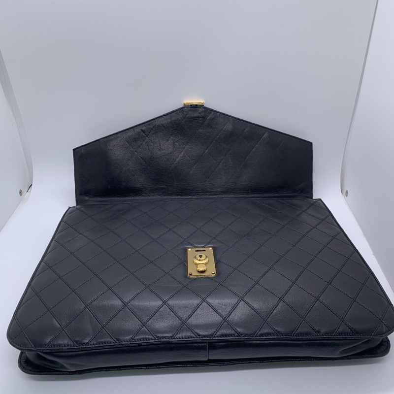 Chanel香奈兒 牛皮菱格公文包中古款 黃銅鎖扣帶CHANEL刻字-2
