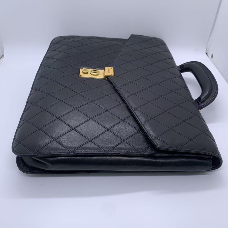 Chanel香奈兒 牛皮菱格公文包中古款 黃銅鎖扣帶CHANEL刻字-4