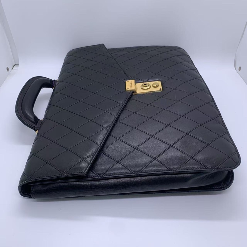 Chanel香奈兒 牛皮菱格公文包中古款 黃銅鎖扣帶CHANEL刻字-5