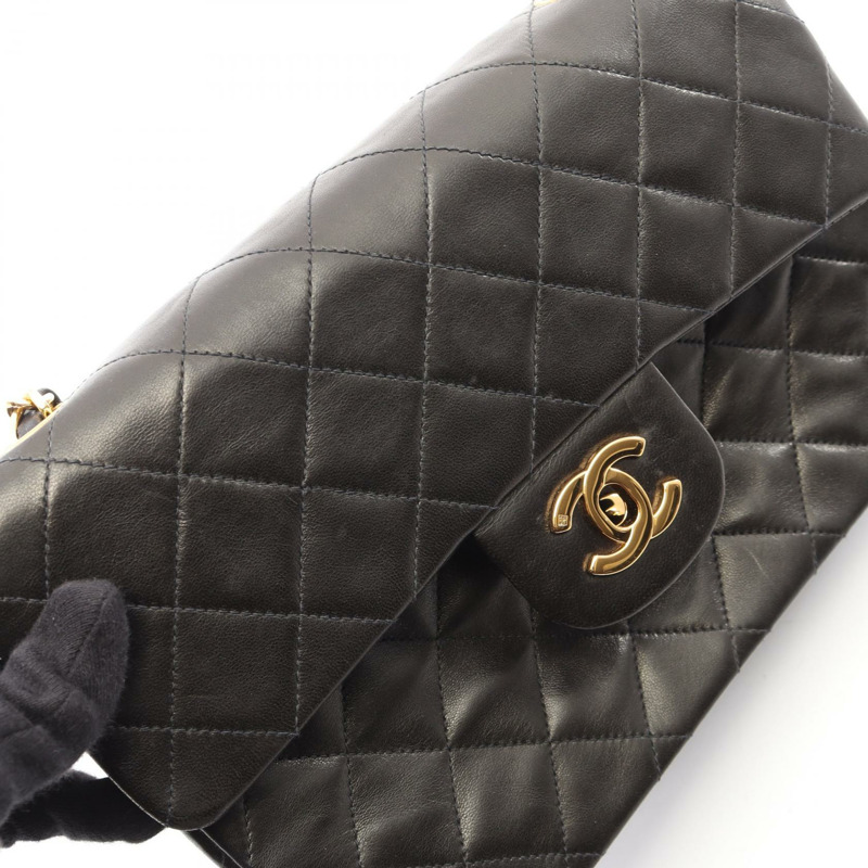 香奈兒 (CHANEL) Matelasse 雙蓋鏈條肩背包 A01113 羊皮黑色金色五金二手-9
