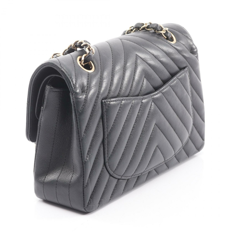 香奈兒 V 型縫線人字紋雙蓋鏈條肩背包 A01113 小牛皮 BK GHW-1