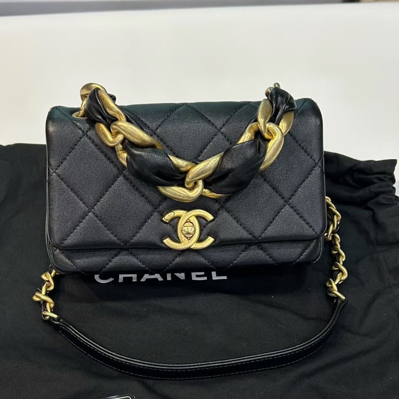 Chanel香奈兒 21p黑金復古粗鏈條包mini口蓋包 經典菱格元素 黑金粗鏈條包經典CF 鐳射31開有卡 有塵袋 尺寸:19*13*6-0
