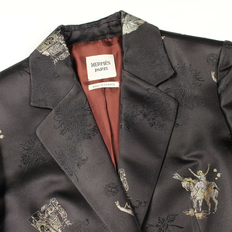 愛馬仕刺繡訂製絲質黑色金色女式夾克，二手，尺寸34-6